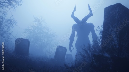 Eerie Demon in Misty Graveyard - Ultra-Detailed Dark Fantasy 3D Render Digital Artwork