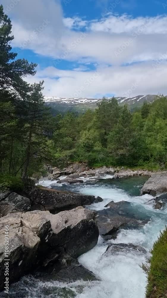 Experience the breathtaking views of Norway's pristine waters and lush greenery. The majestic mountains serve as a backdrop to the rushing river, embodying summer serenity in nature's embrace. Experience the breathtaking views of Norway's pristine waters and lush greenery. The majestic mountains serve as a backdrop to the rushing river, embodying summer serenity in nature's embrace.