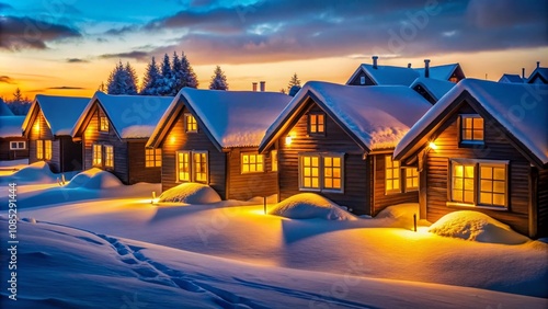 Winter Cottages Silhouette Night Snowscape
