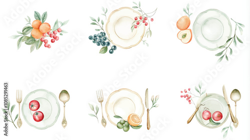 Watercolor set of plates, spoons and forks. Vector illustration.