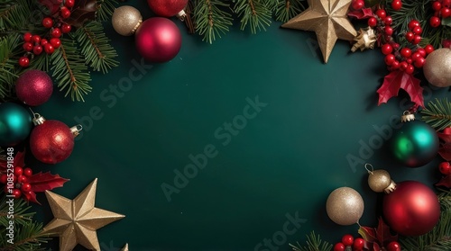 Vibrant Christmas Background with Colorful Decorations and Christmas Lights on Dark Green Table - generative ai