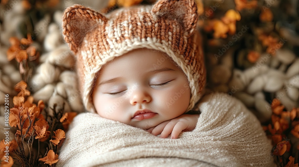 A cute newborn infant with cat ears wearing a knit cap A cute newborn infant with cat ears wearing a knit cap