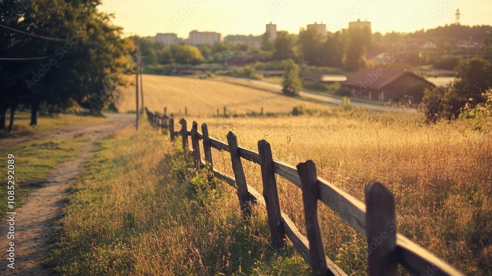 Obraz premium Scenic rural landscape with wooden fence, fields, trees, and distant buildings at sunset