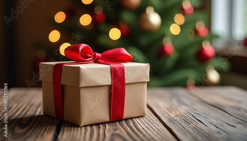 Wallpaper Mural Christmas Gift on Wooden Table with Blurred Christmas Tree Background Torontodigital.ca