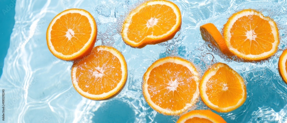 Orange Slices Floating in Blue Water Orange Slices Floating in Blue Water