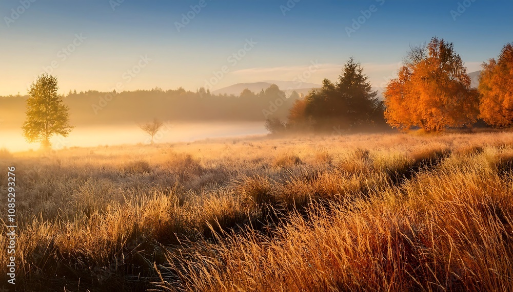 A serene meadow on a misty autumn morning, with golden and russet hues set against a pe_1(128) A serene meadow on a misty autumn morning, with golden and russet hues set against a pe_1(128)