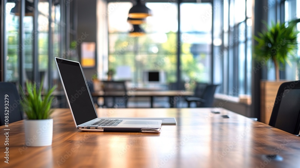 Modern Workspace with Laptop on Table Surrounded by Greenery and Bright Natural Light Streaming Through Large Windows in Contemporary Office Environment Modern Workspace with Laptop on Table Surrounded by Greenery and Bright Natural Light Streaming Through Large Windows in Contemporary Office Environment
