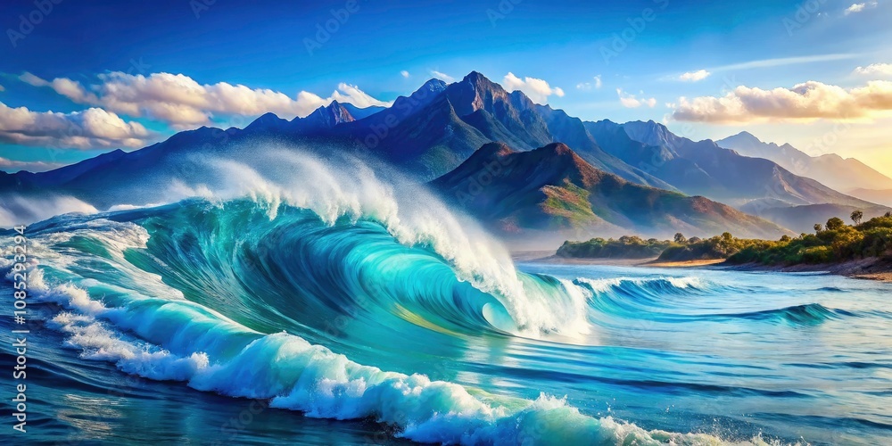 Obraz premium Serene Aerial View of a Blue Wave with Majestic White Mountains and Dynamic Watercolor Brush Strokes