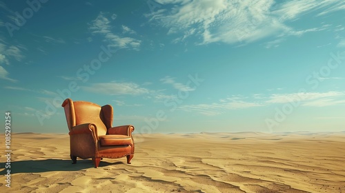 A solitary armchair in a vast desert landscape under a clear blue sky.