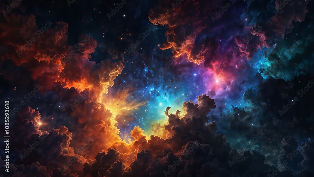 A breathtaking view of a vibrant cosmic nebula displaying vivid colors of blue, orange, and red, surrounded by stars in deep space. A breathtaking view of a vibrant cosmic nebula displaying vivid colors of blue, orange, and red, surrounded by stars in deep space.