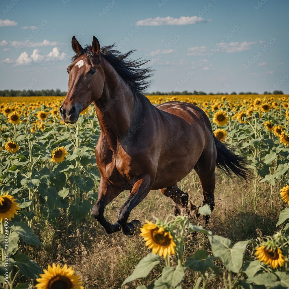 Obraz premium A horse galloping through a field of sunflowers on a clear day.