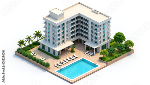 Isometric hotel and swimming pool on a white background.