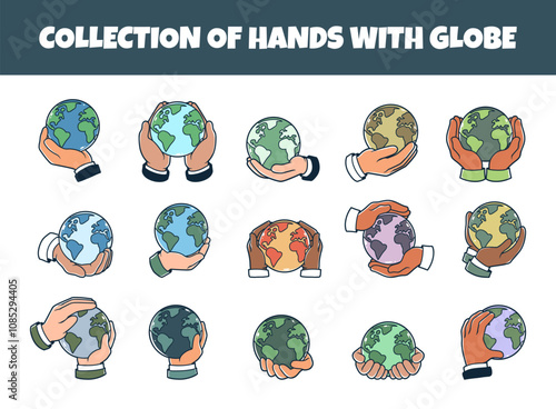 Hands with globe vector illustration set