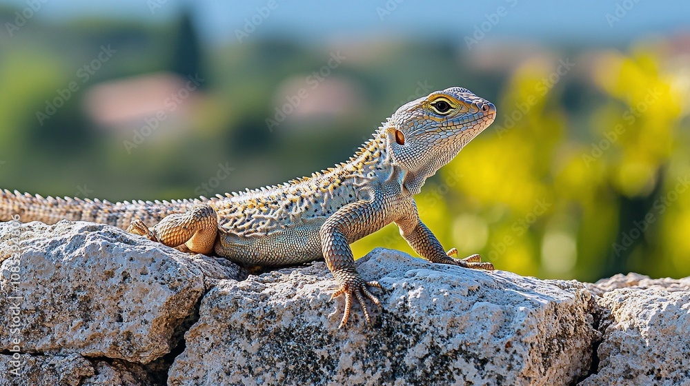 Lizard Basking on Stone Wall in Mediterranean Landscape Lizard Basking on Stone Wall in Mediterranean Landscape