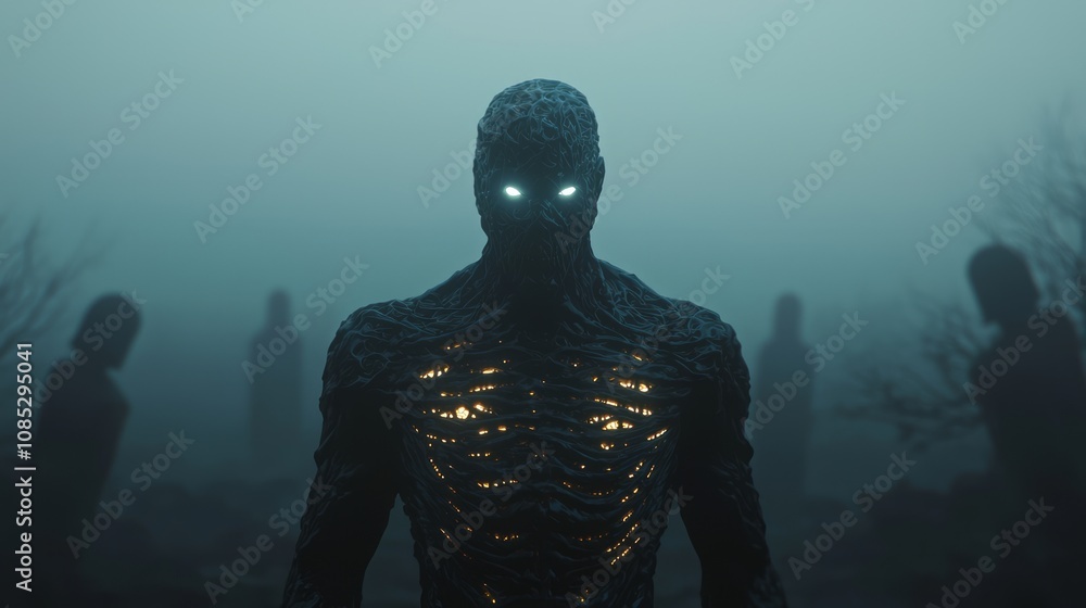 Enigmatic Shadow Being in Misty Graveyard - Dark Fantasy 3D Render with Glowing Runes and Ethereal Wisps Creating an Otherworldly Feel Enigmatic Shadow Being in Misty Graveyard - Dark Fantasy 3D Render with Glowing Runes and Ethereal Wisps Creating an Otherworldly Feel