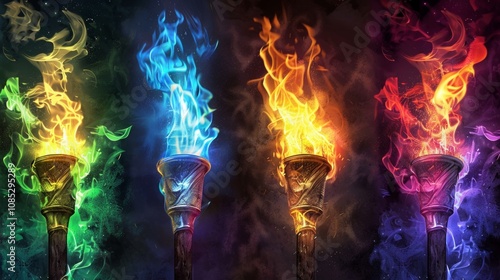 Torches with vibrant multicolored flames on a dark textured background. Dynamic digital artwork representing elements or energy. Olympics, Olympic flame, Generative AI photo