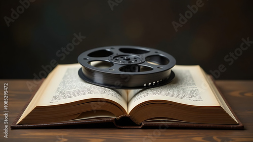 An open book with a film reel on top, symbolizing the connection between literature and film adaptation.