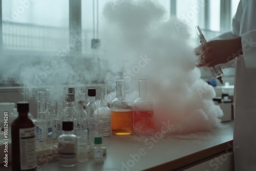 A scientist in a lab coat injects liquid into a flask, creating a cloud of smoke that swirls around the bottles on the cluttered table.