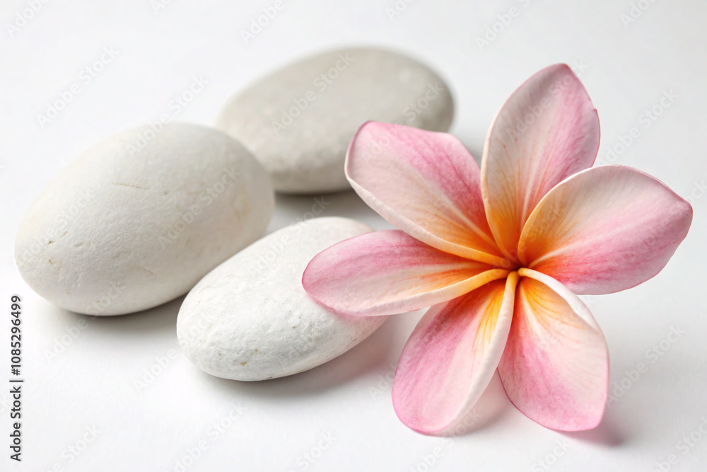 Close-up of pink and white plumeria flowers resting on smooth white pebbles, evoking tranquility and a tropical, spa-like ambiance Close-up of pink and white plumeria flowers resting on smooth white pebbles, evoking tranquility and a tropical, spa-like ambiance
