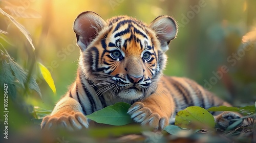 Tiger Cub Playing with Leaf in Jungle - Innocence of Nature photo