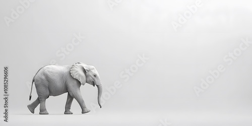 A young elephant walks on a plain white background