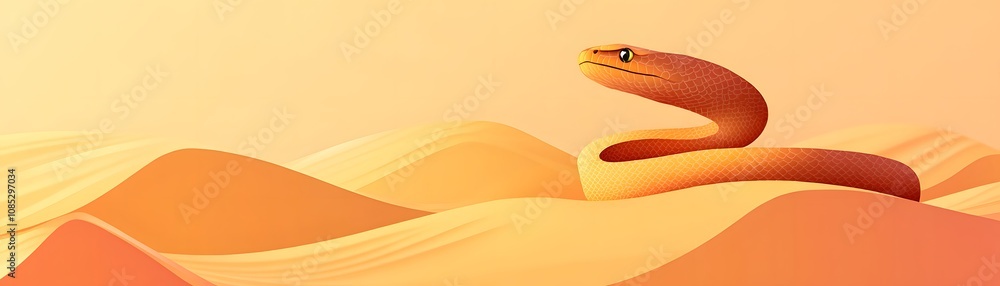 A stylized snake rests gracefully amidst soft orange sand dunes. A stylized snake rests gracefully amidst soft orange sand dunes.