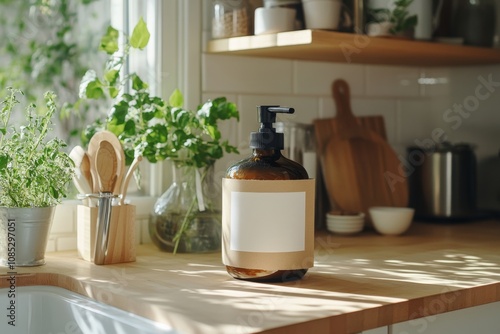 Sunlight bathes a cozy kitchen adorned with lush green plants, highlighting an amber soap dispenser on a wooden countertop.