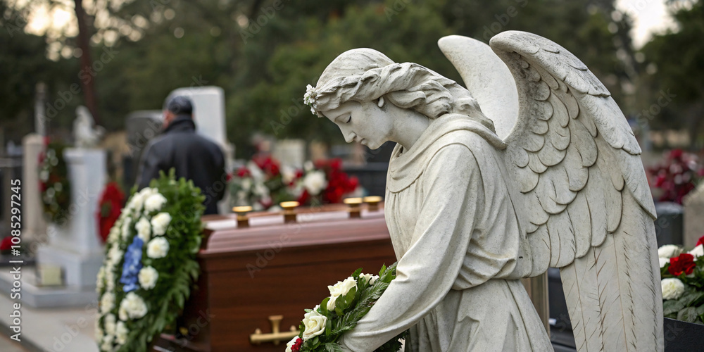 Fototapeta premium An angel statue near a floral-adorned coffin, symbolizing grief and reverence, set against a somber graveyard atmosphere with blurred mourners in the background