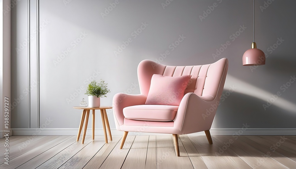 A soft pink chair sits against a light gray wall in a serene minimalist space with wooden f_1(162) A soft pink chair sits against a light gray wall in a serene minimalist space with wooden f_1(162)