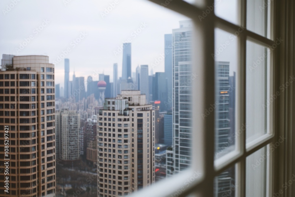 Fototapeta premium A framed view from a window captures an expansive skyline with towering buildings under a muted sky.