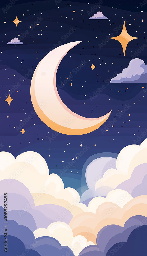 A crescent moon in the dreamy and beautiful night sky A crescent moon in the dreamy and beautiful night sky