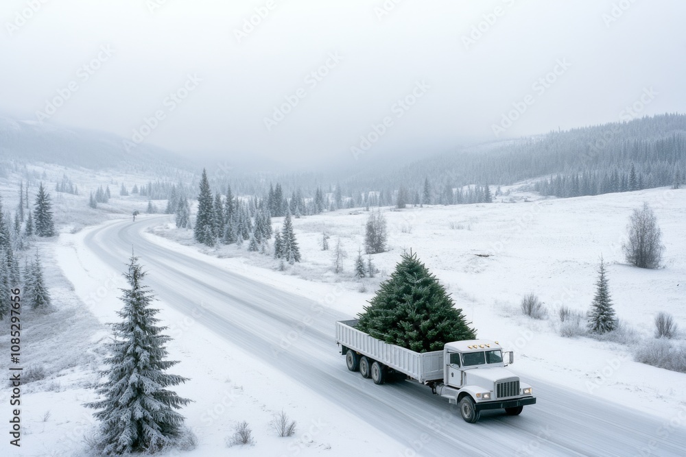 A truck carrying a large Christmas tree rolls down a snow-covered highway, evoking a sense of holiday spirit amid serene wintry mountains. A truck carrying a large Christmas tree rolls down a snow-covered highway, evoking a sense of holiday spirit amid serene wintry mountains.