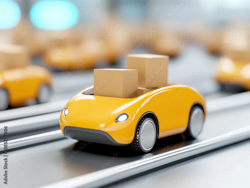 small yellow delivery car transporting boxes on conveyor belt, showcasing efficient shipping area. scene highlights modern logistics and automation in action small yellow delivery car transporting boxes on conveyor belt, showcasing efficient shipping area. scene highlights modern logistics and automation in action