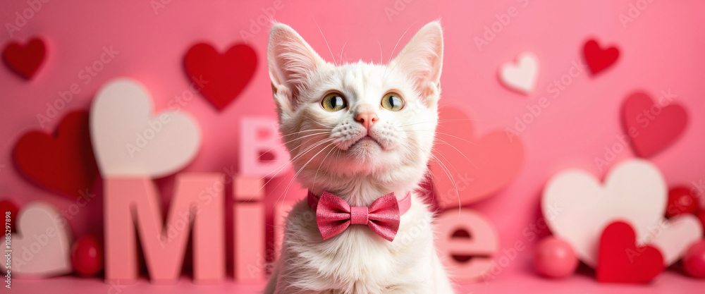 Cute white kitten with pink bowtie against Valentine's Day backdrop Cute white kitten with pink bowtie against Valentine's Day backdrop