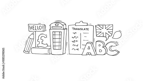 Sketch of english training class. Doodle cute vector with educationobjects and british symbols. Hand drawn cartoon vector illustration for school subject design.