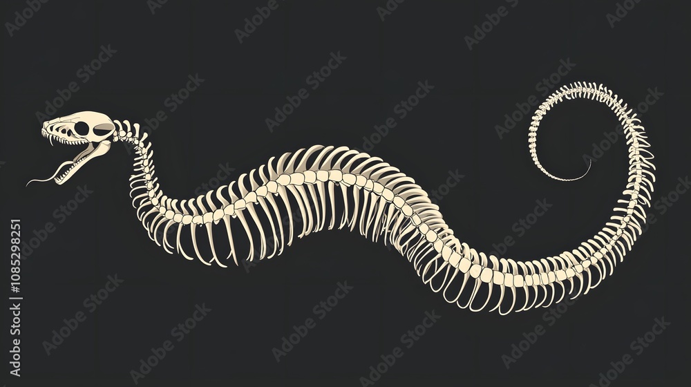 Detailed illustration of a snake skeleton on a dark background. Detailed illustration of a snake skeleton on a dark background.