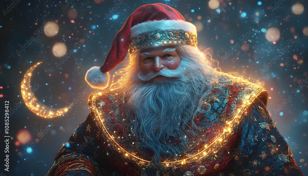 Festive Santa Claus adorned with lights, celebrating the holiday spirit joyfully. Festive Santa Claus adorned with lights, celebrating the holiday spirit joyfully.