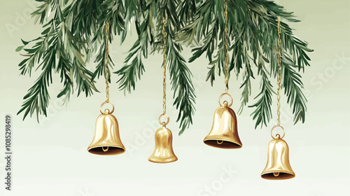 A watercolor illustration of golden bells hanging from a Christmas tree branch, creating a festive and artistic winter scene.