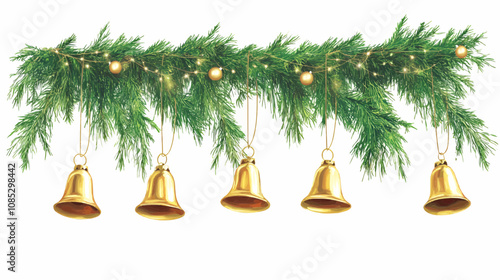 A festive Christmas garland with golden bells hanging from it, perfect for decorating a mantelpiece or doorway