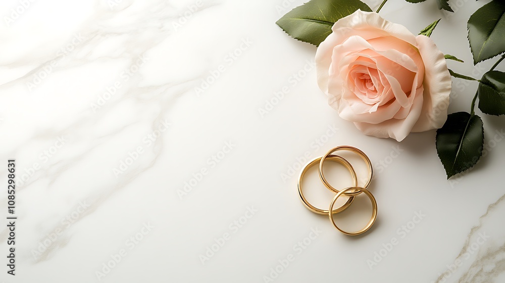 Two gold wedding bands and a pink rose on a white marble background. Two gold wedding bands and a pink rose on a white marble background.