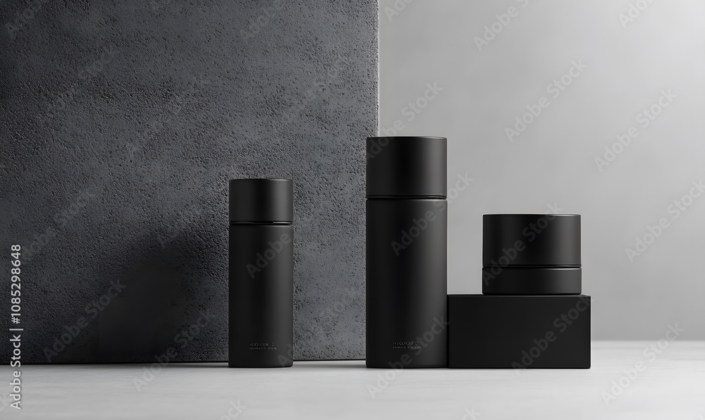 Elegant Black Cosmetic Bottles on Display Elegant Black Cosmetic Bottles on Display