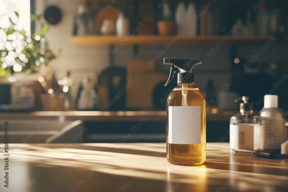 Sunlight streams into a cozy kitchen, highlighting a spray bottle on the counter, creating a sense of cleanliness and homeliness. Sunlight streams into a cozy kitchen, highlighting a spray bottle on the counter, creating a sense of cleanliness and homeliness.
