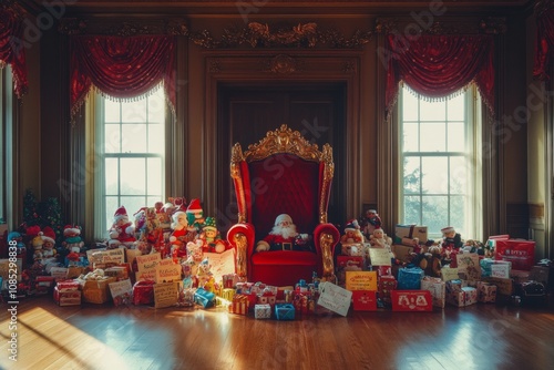 A regal throne in a warmly lit room surrounded by neatly arranged gifts and Santa figures, exuding holiday splendor and anticipation. photo