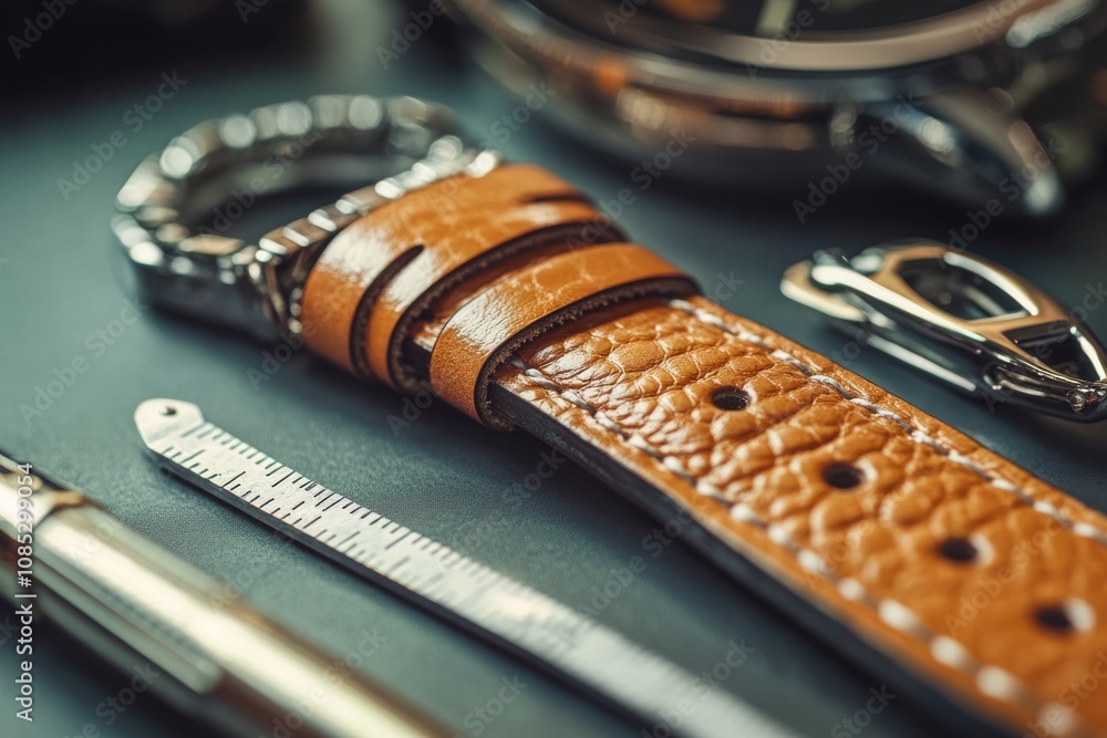 A close-up of a textured leather watch strap alongside tools, highlighting craftsmanship and precision in details. A close-up of a textured leather watch strap alongside tools, highlighting craftsmanship and precision in details.