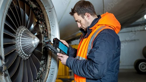 Aviation mechanic using diagnostic tools to assess the condition of an aircraft engine, showing the role of technology in modern airplane repairs