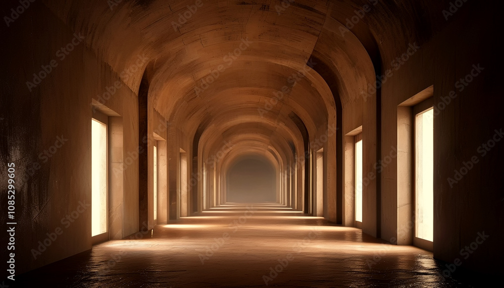 Fototapeta premium Enchanted hallway illuminated by soft light leading to mysterious open doors