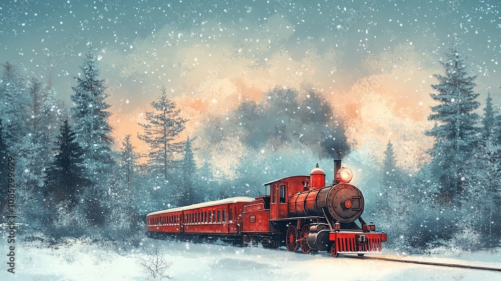 historic steam locomotive. An old-fashioned red train trip amid the North Pole's cold woodland. Winter scenery from a fairy tale. vintage style. Christmas and New Year idea. Create a banner, card, or historic steam locomotive. An old-fashioned red train trip amid the North Pole's cold woodland. Winter scenery from a fairy tale. vintage style. Christmas and New Year idea. Create a banner, card, or