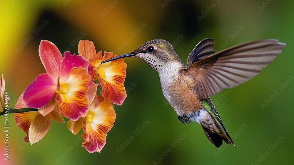 Fototapeta premium Hummingbird Feeding on Orchid in Tropical Garden