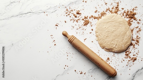 Dough with rolling pin and crumbs on marble surface