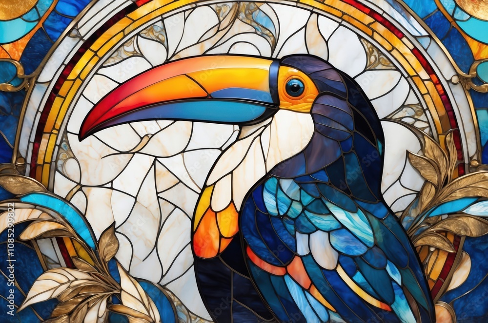 Fototapeta premium Fantasy abstract portrait of a colorful tropical exotic toucan bird animal with a colorful stained glass decoration. 